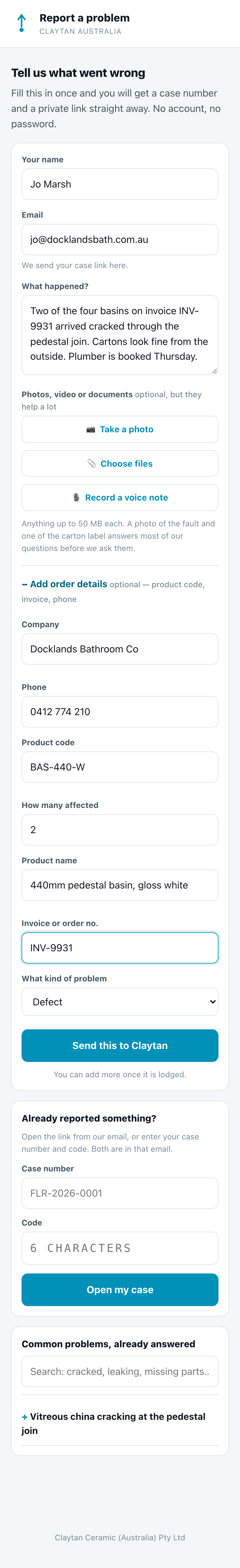 The same form filled in, with the optional order details expanded