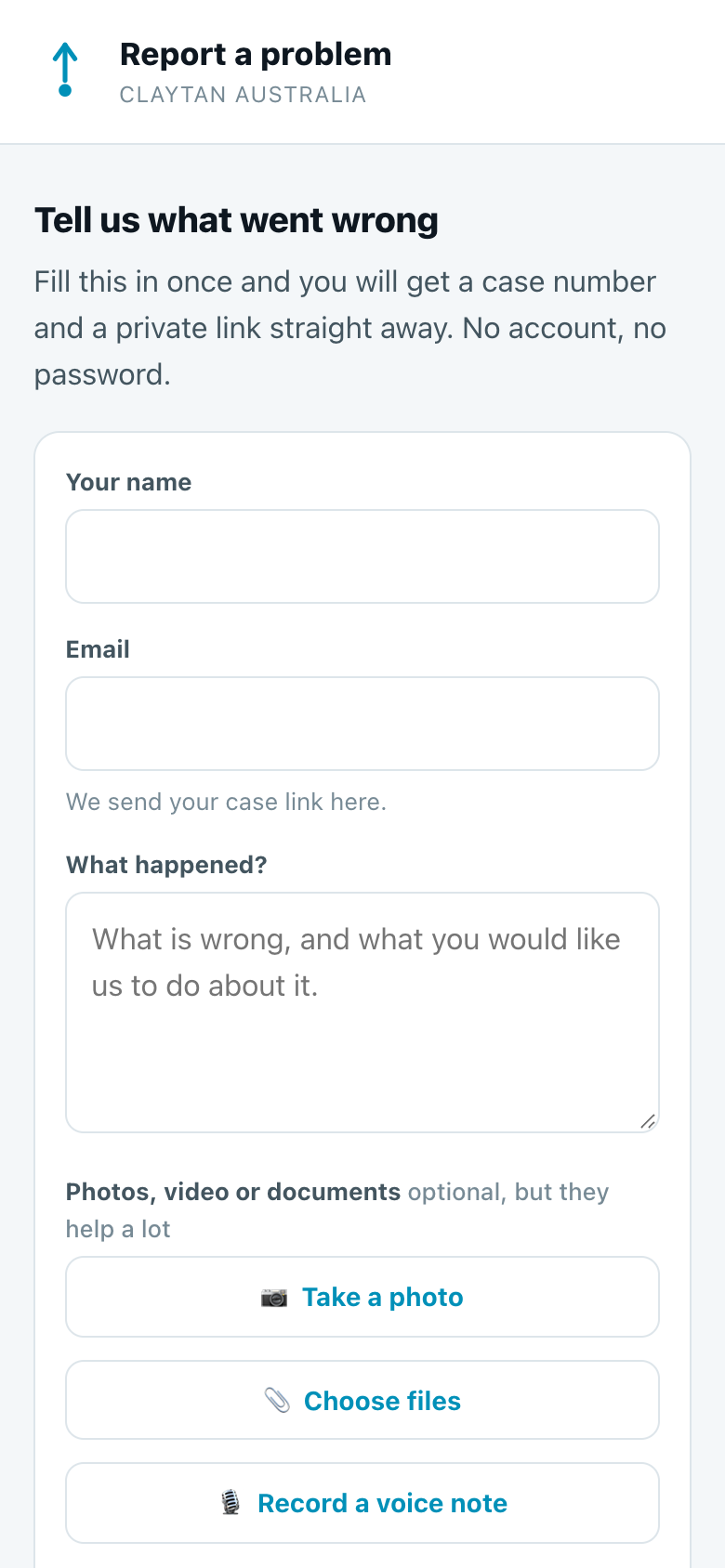 The Report a problem form: name, email, what happened, and buttons to take a photo, choose files or record a voice note