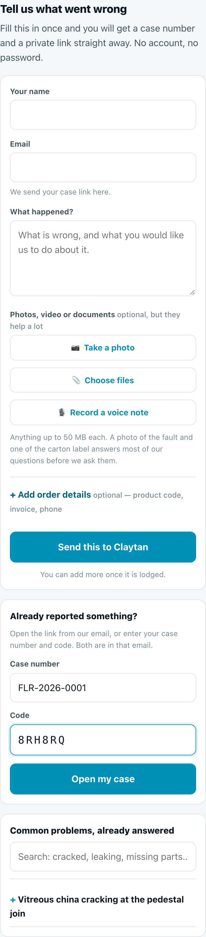 The bottom of the form: Already reported something? with case number and code fields, and the list of common problems already answered