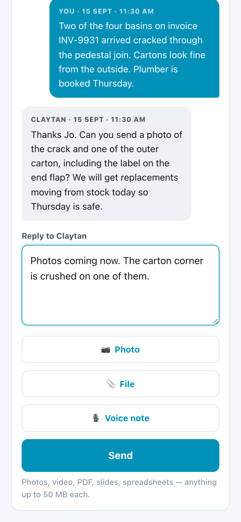 The Reply to Claytan box with Photo, File and Voice note buttons and a Send button