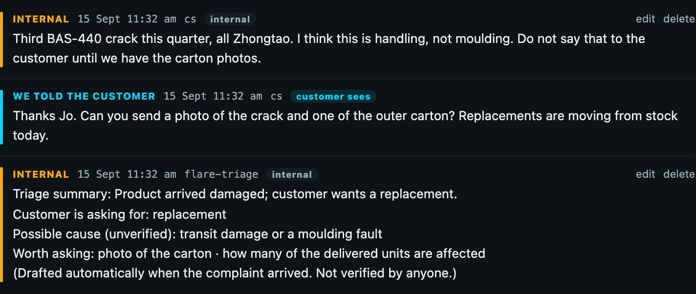 A timeline with an internal note marked internal, a message marked We told the customer with a customer sees badge, and the automatic triage note marked internal